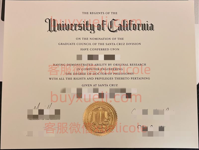 办理加州大学圣克鲁斯分校UCSC英文毕业证书，美国线上购买UC Santa Cruz毕业文凭,添加专业客服微信（xuelicole）咨询下单流程,加利福尼亚大学圣克鲁斯分校毕业证书模版图