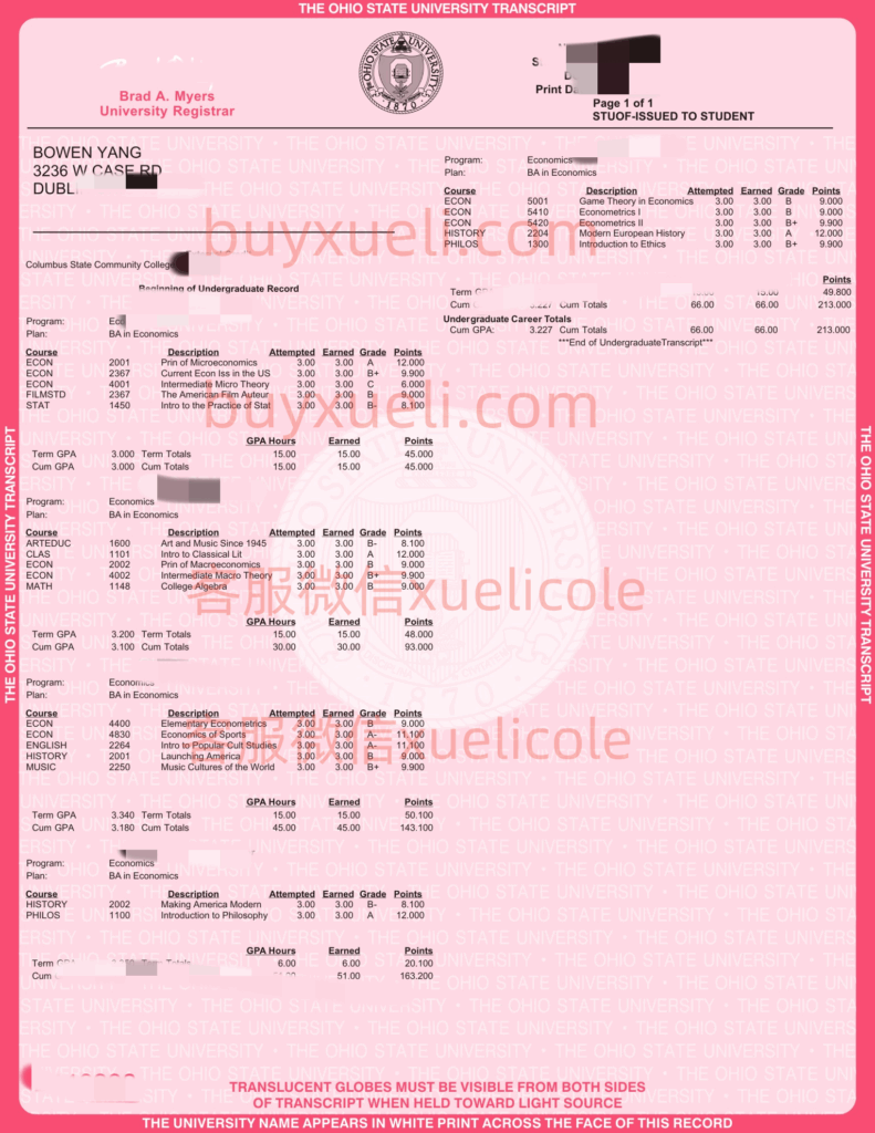 原版制作俄亥俄州立大学2025年最新版成绩单，OSU transcript