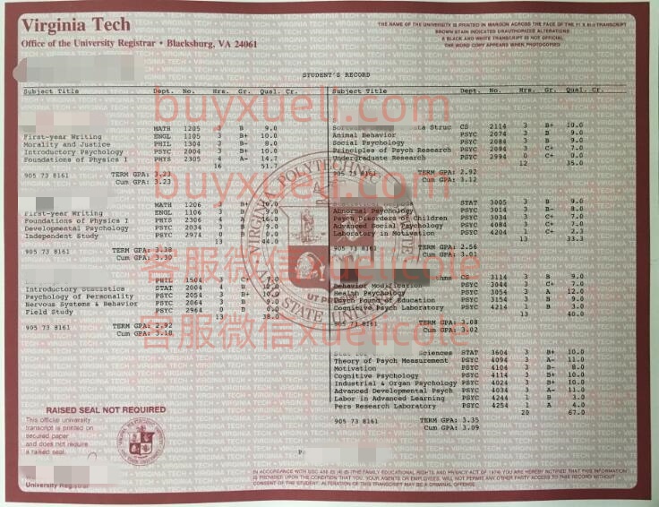 购买美国弗吉尼亚理工学院原版密封成绩单，Virginia Tech transcript
